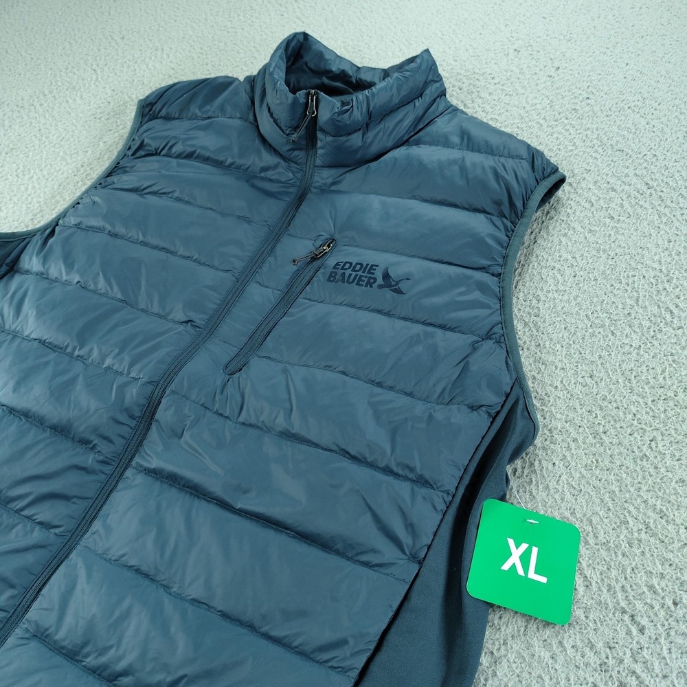 Eddie Bauer Vest Mens XL Blue Down 550 Puffer Full Zip Softshell Sides Outdoor